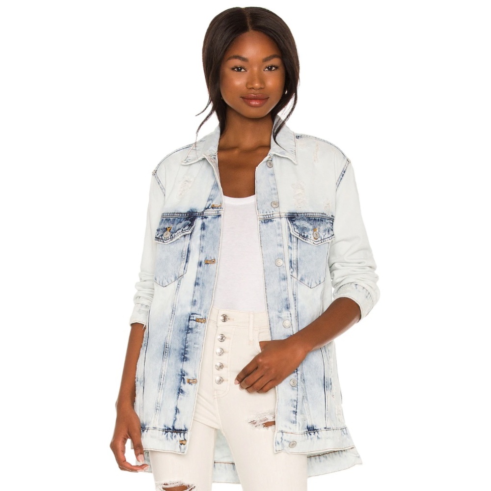 Free People Destroyed Long & Lean Trucker Jacket in Cloud Wash